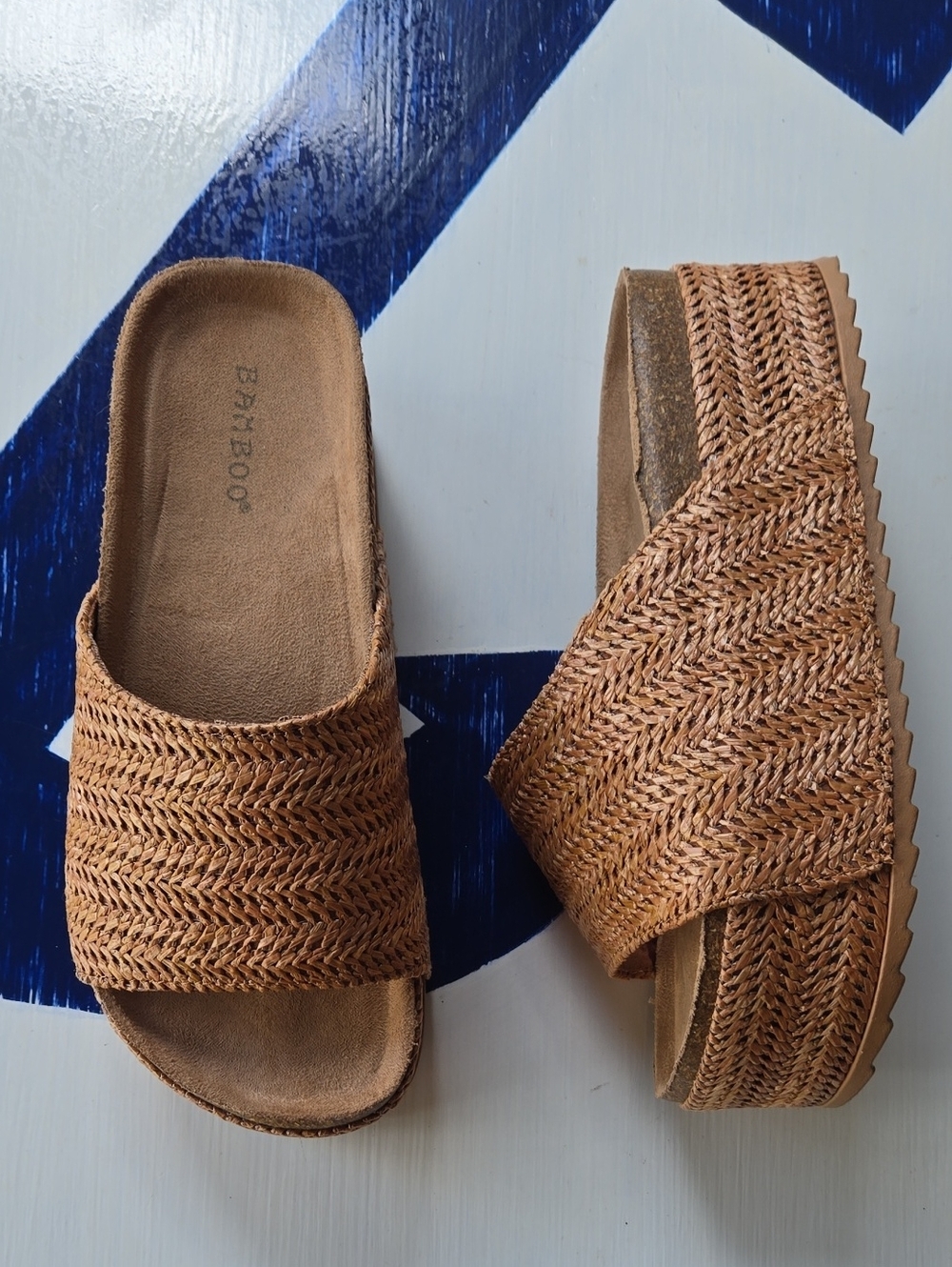 Bamboo Mocha Brown Platform Slide On Sandal With Woven Upper Size 7